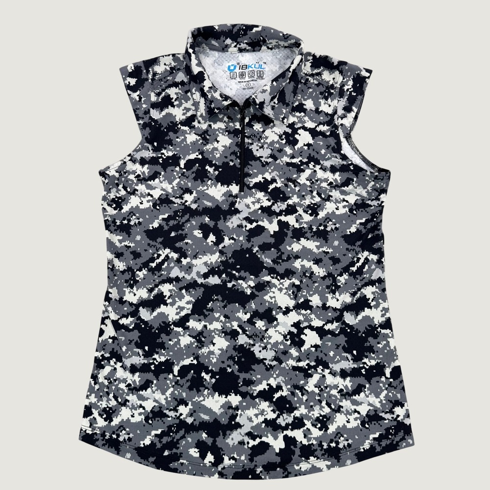 IBKUL Womens Sleeveless Golf Polo Shirt Digital Camo Grey Black UPF 50 Small